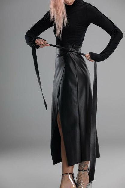 Real Leather Long Wrap Skirt