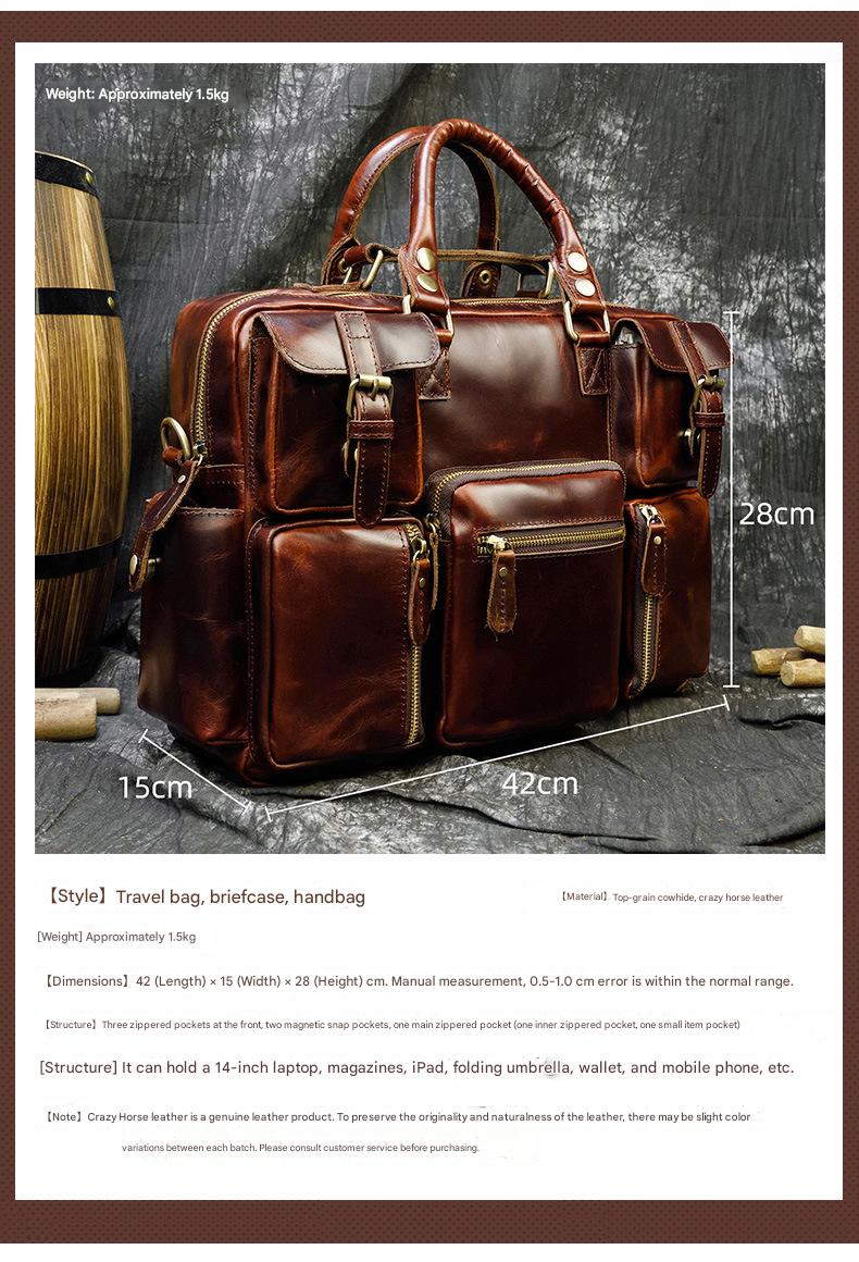Leather mens duffle bag business travel briefcase