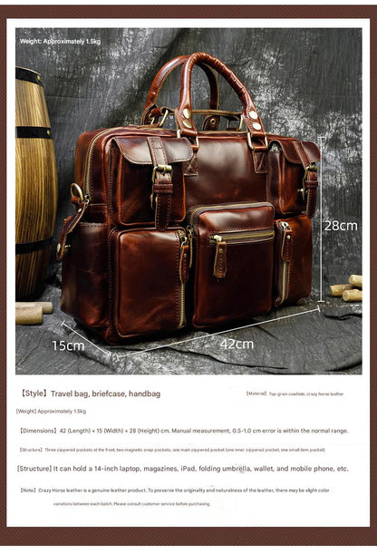 Leather mens duffle bag business travel briefcase