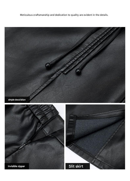 Black PU Leather Midi Skirt With Front Slit High Waist
