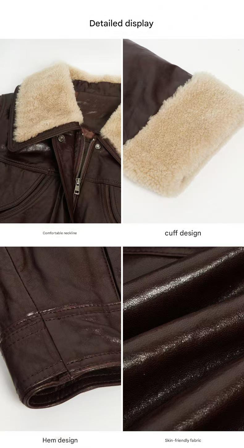 Women shearling collar oil-waxed down leather jacket
