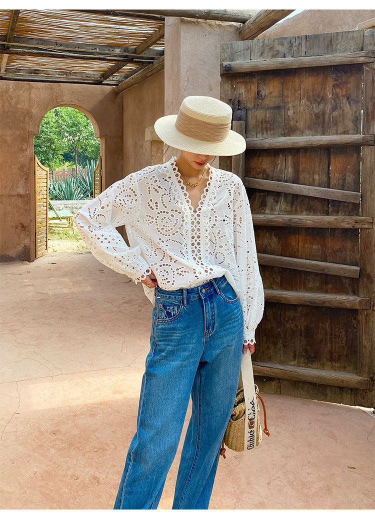 Summer Tops Women White Eyelet Lace Blouse