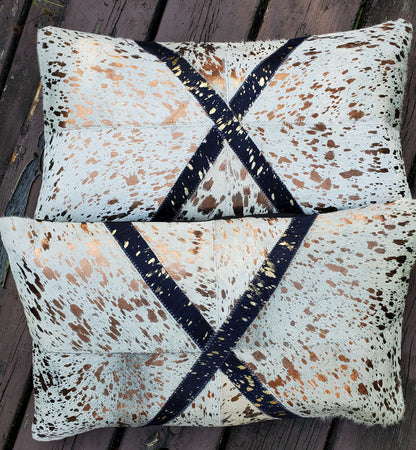 Metallic Gold Blue Cowhide Cushion