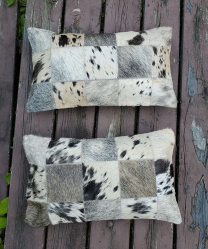 Lumbar Cowhide Pillow Grey Black White 12 x 20 Inches