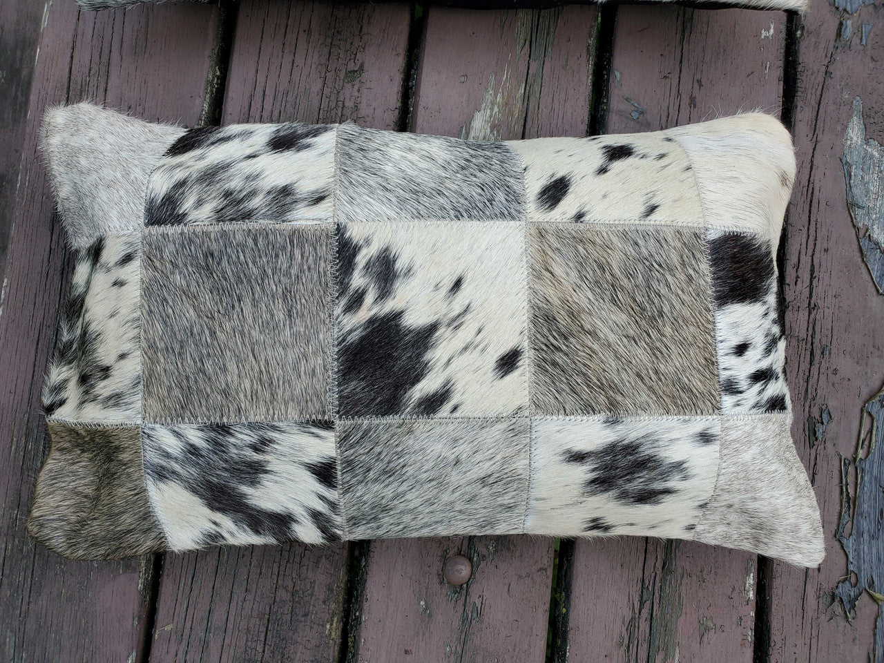 Lumbar Cowhide Pillow Grey Black White 12 x 20 Inches