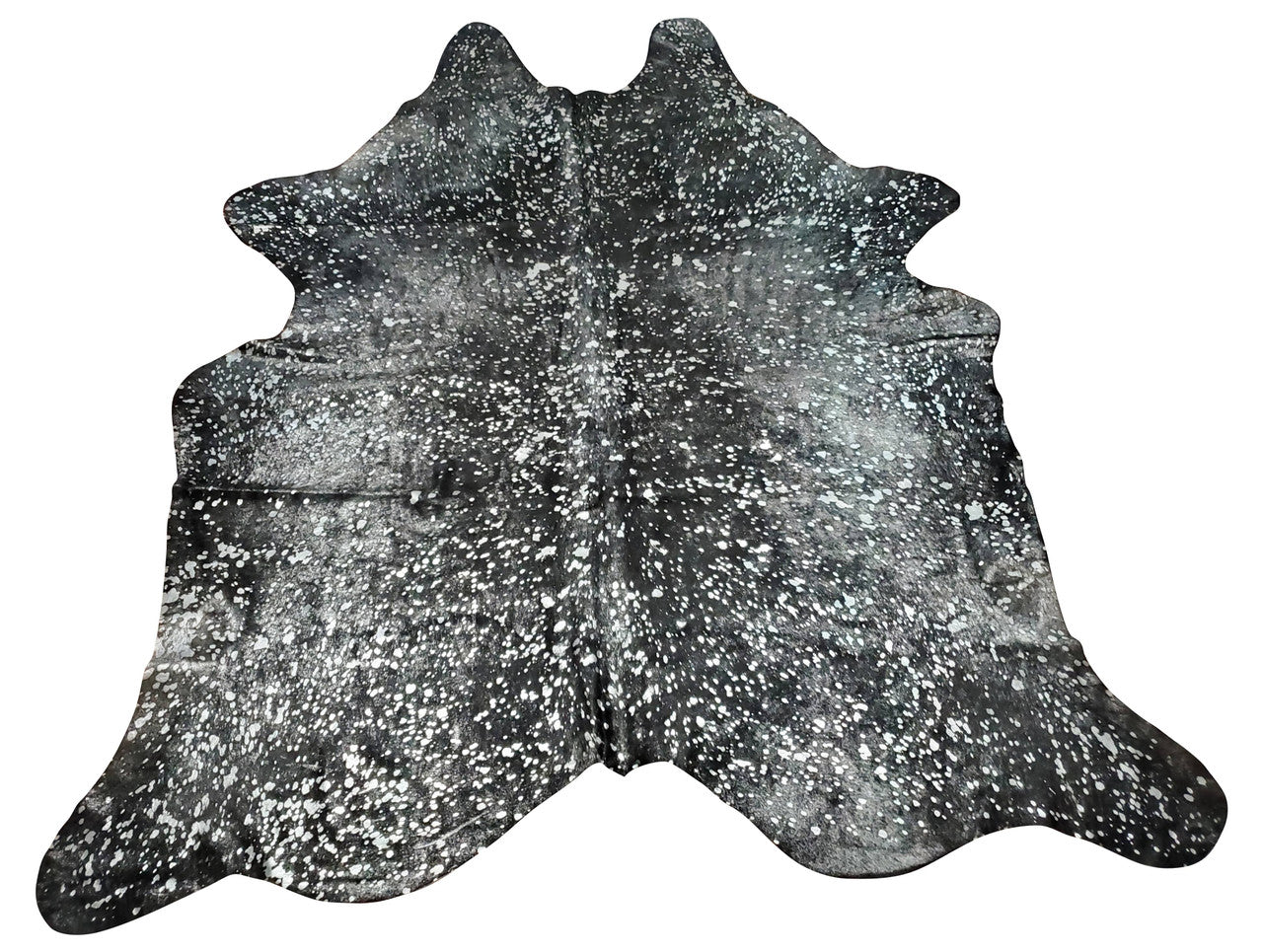 A very beautiful black cowhide rug washed in stunning silver metallic. This authentic cowhide is so beautiful it will go with most of the decor making it an exotic place, add it to a neutral living room or rustic style man cave, this piece of nature is one of its kind and very rare. 