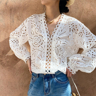 Summer Tops Women White Eyelet Lace Blouse