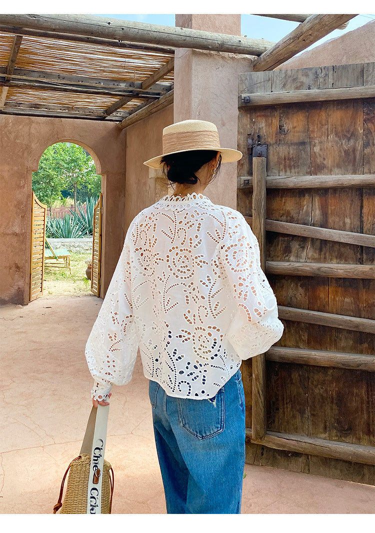 Summer Tops Women White Eyelet Lace Blouse