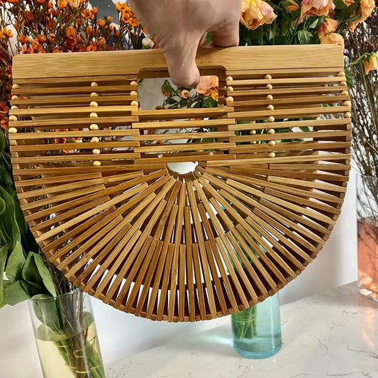 Bamboo hand-woven beach handbag with wooden bead handle