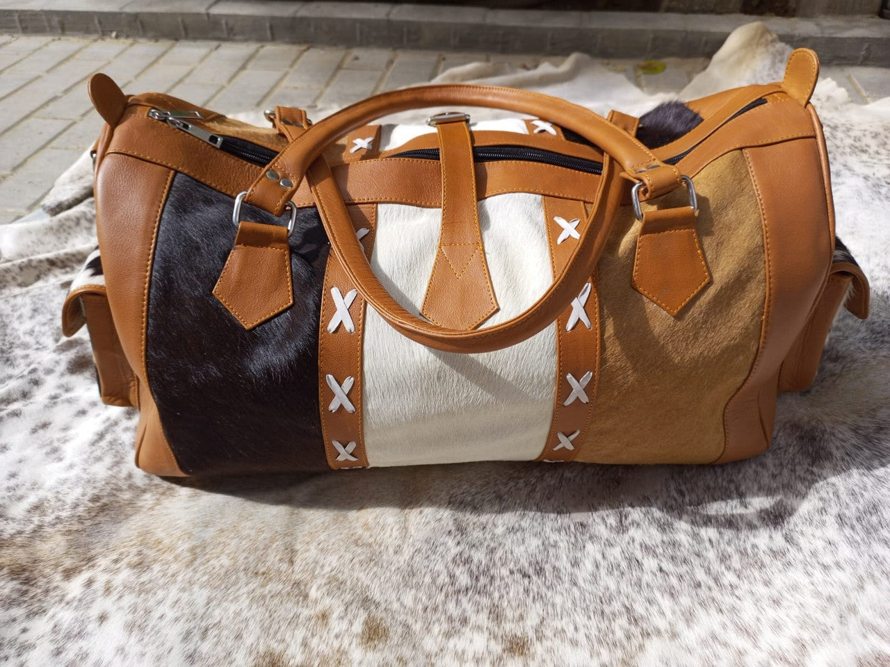 Leather Tricolor Cowhide Duffle Bag
