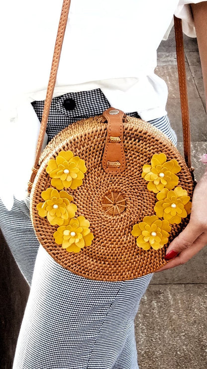 Flores Round Bag With Handmade Leather flowers