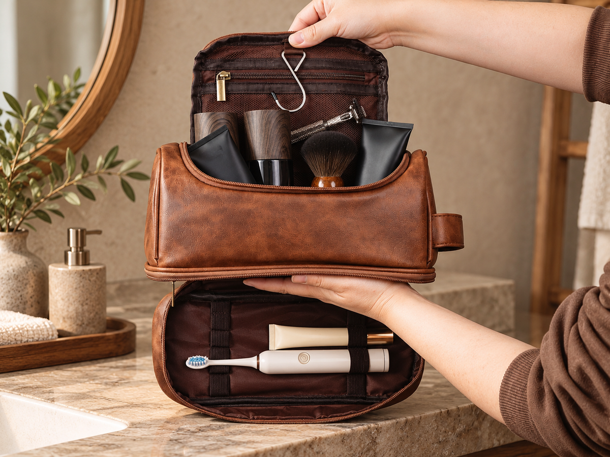 Men's Leather Toiletry Bag with Hanging Hook and Zip Storage