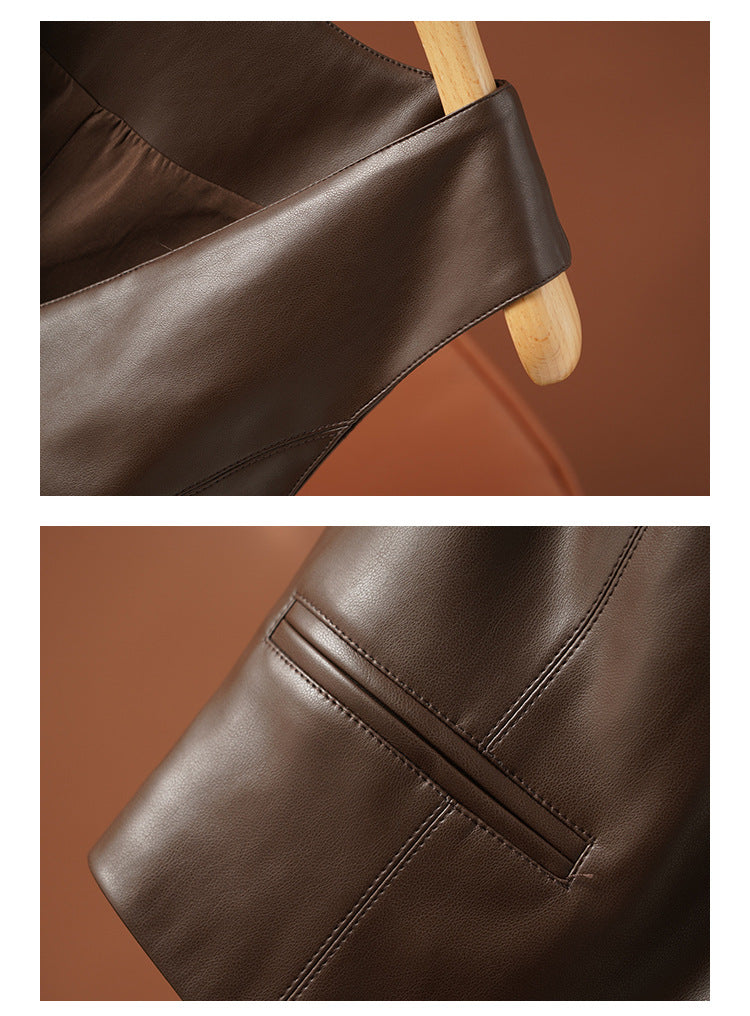 Women's short leather vest with v neck