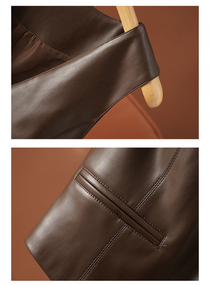 Women's short leather vest with v neck