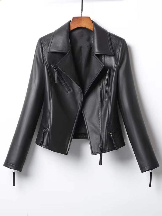 Women Slim Fit Genuine Leather Moto Jacket
