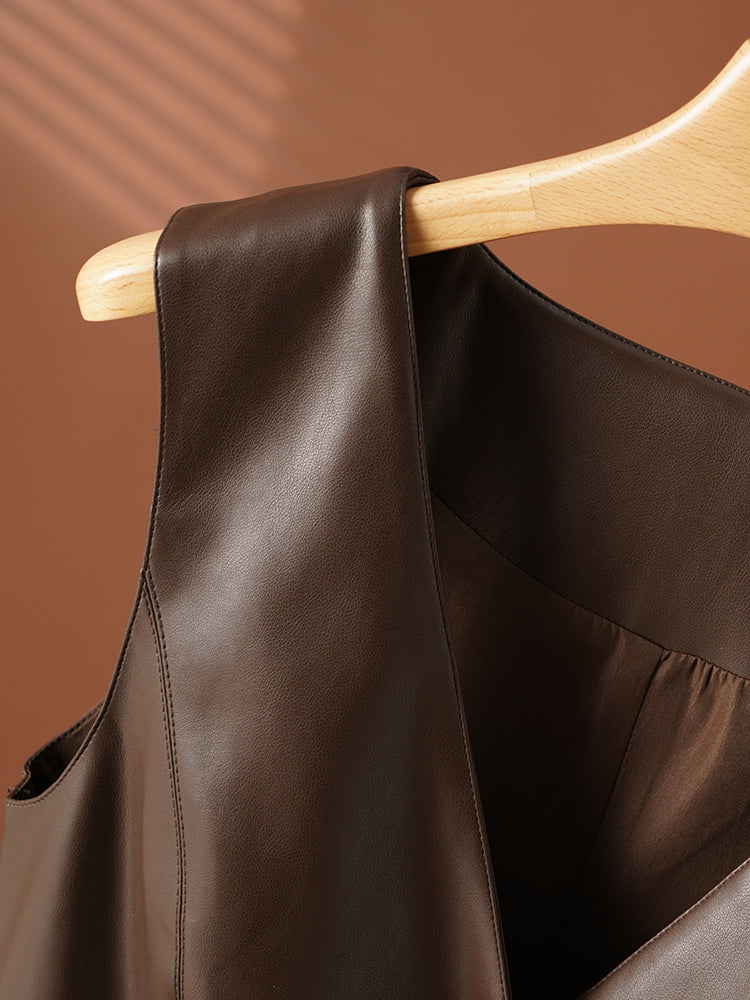 Women's short leather vest with v neck