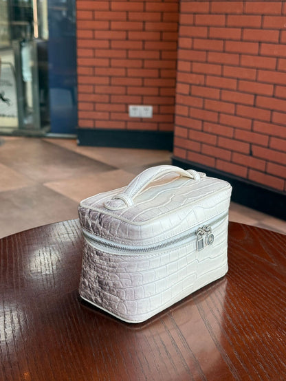 Leather Toiletry Bag in White Embossed Cowhide