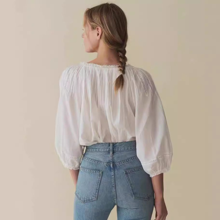 Summer Tops Women White Puff Sleeve Blouse