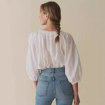 Summer Tops Women White Puff Sleeve Blouse