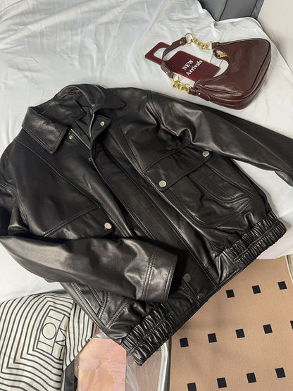 Women Loose Fit Genuine Leather Flight Jacket