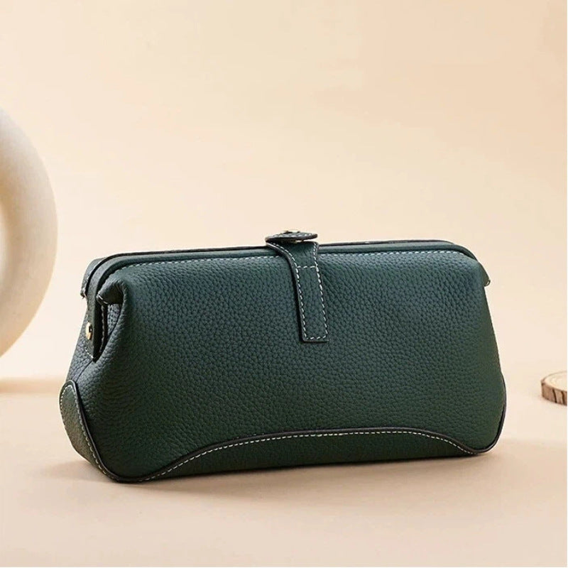 Women's Leather Cosmetic Bag with Wide Opening in Brown
