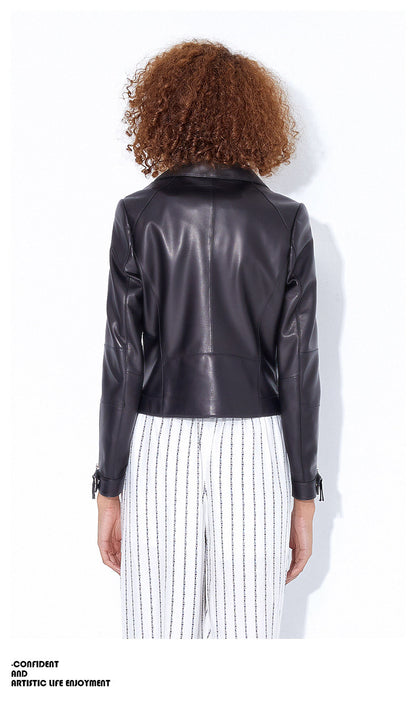 Petite women black slim fit leather jacket