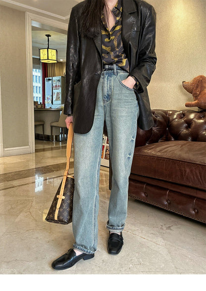 Women Oil-Waxed Loose Fit Genuine Leather Jacket