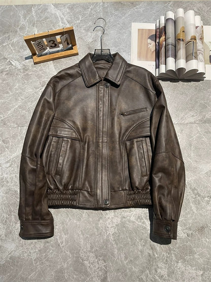 Women Oversized Brown Leather Moto Jacket
