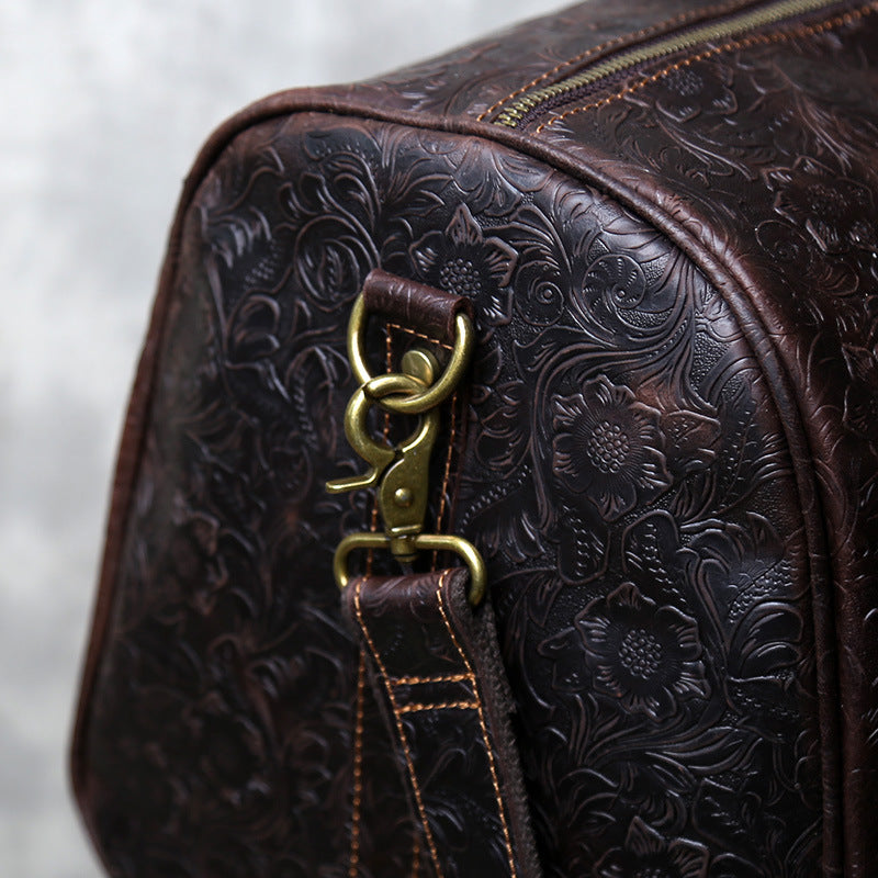 Leather weekender duffle bag with shoe compartment