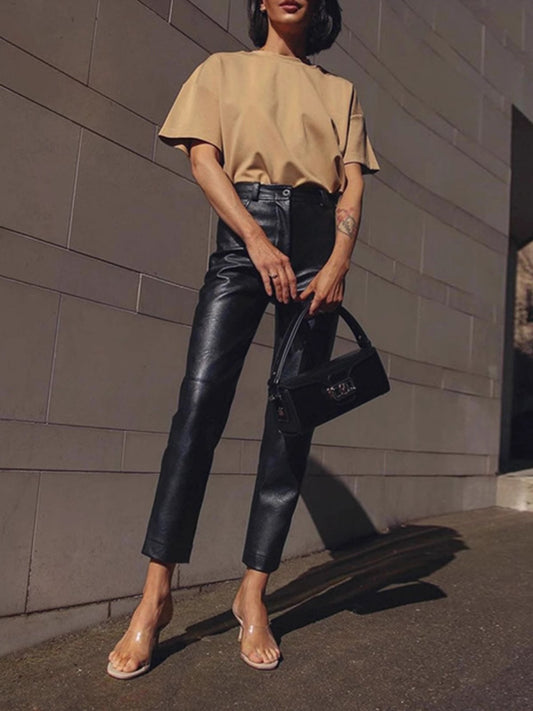 Women faux leather petite cropped pants