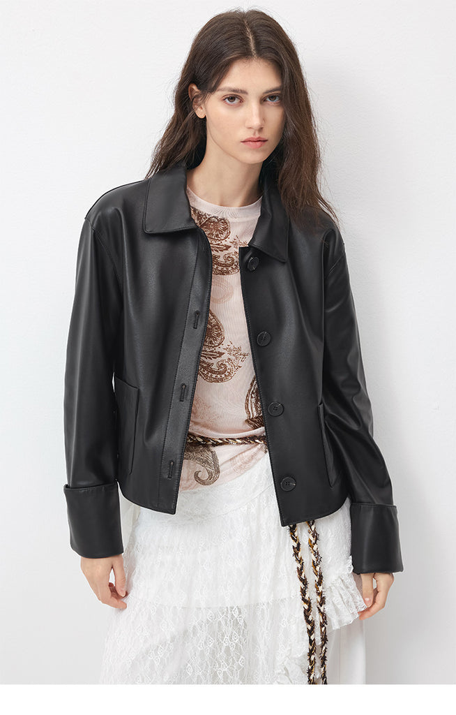 Black cropped sheepskin leather jacket women