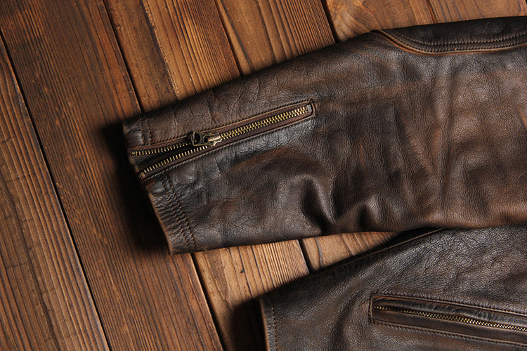 Top-grain distressed leather biker jacket