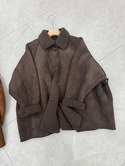 Winter suede shearling oversized coat