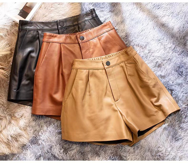 Genuine sheepskin high waisted leather shorts