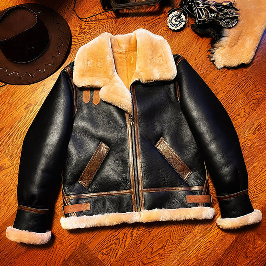 Black shearling leather aviator jacket men