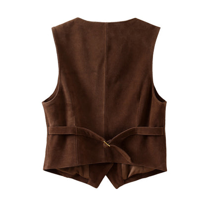 Brown suede leather vest women
