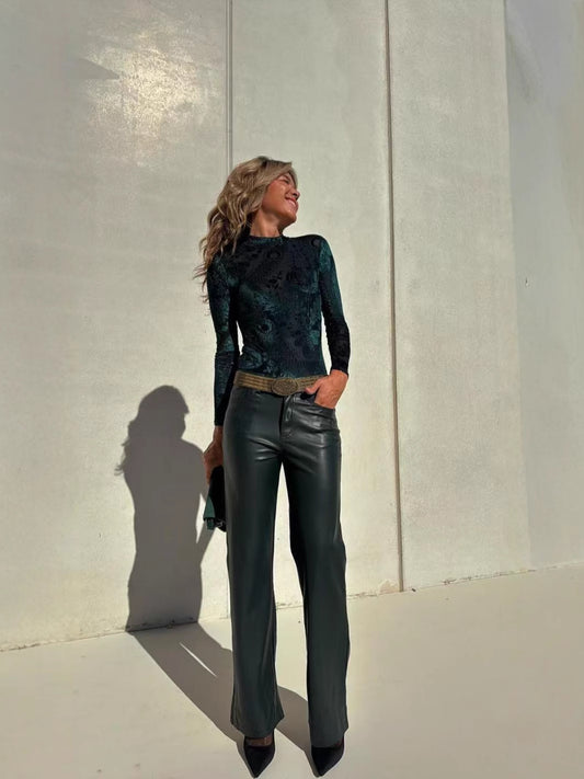 High waisted straight leg faux leather pants women