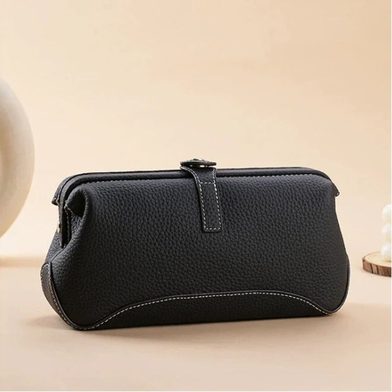 Women's Leather Cosmetic Bag with Wide Opening in Brown