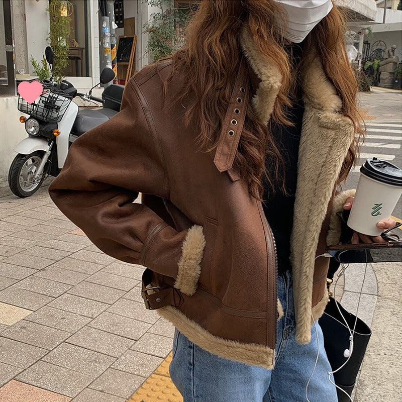Women Brown Leather Aviator Jacket Oversized