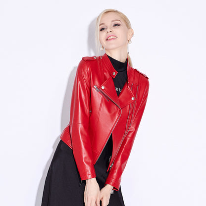 Women slim fit cropped leather biker jacket