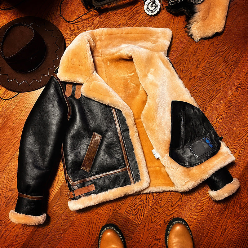 Black shearling leather aviator jacket men