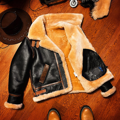 Black shearling leather aviator jacket men