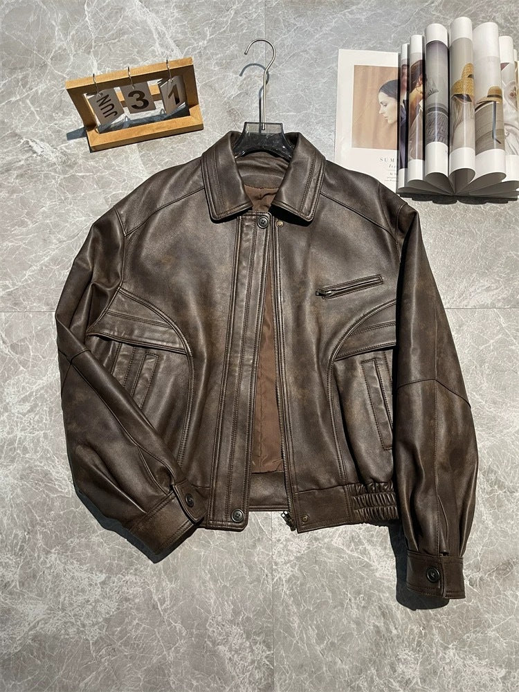 Women Oversized Brown Leather Moto Jacket
