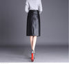 Black Mid Length Faux Leather Skirt With Slit