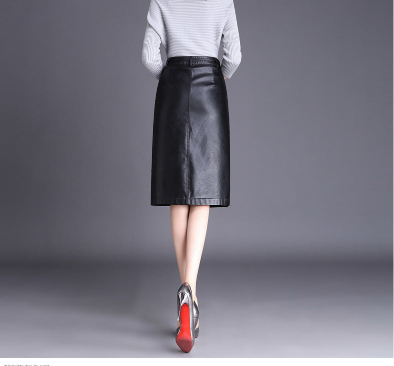 Black Mid Length Faux Leather Skirt With Slit