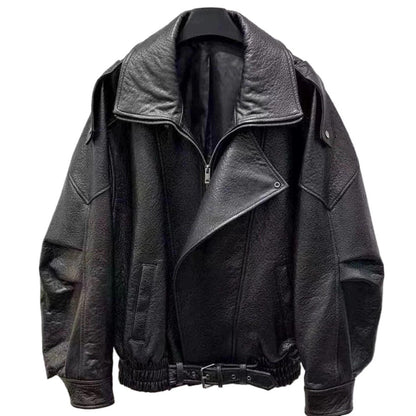 Oversized women genuine leather biker jacket