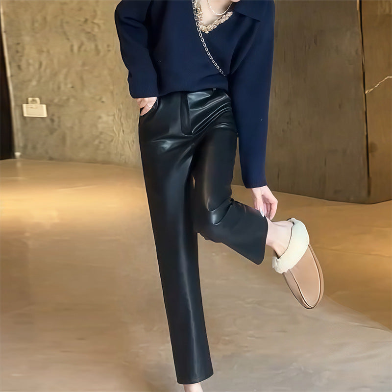 Women black high waisted faux leather pants