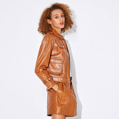 Genuine brown leather slim fit biker jacket