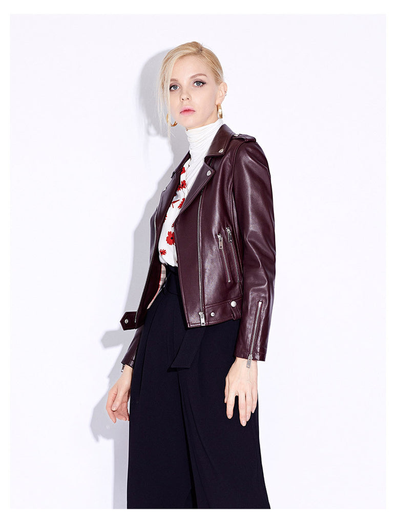 Slim fit women genuine leather biker jacket