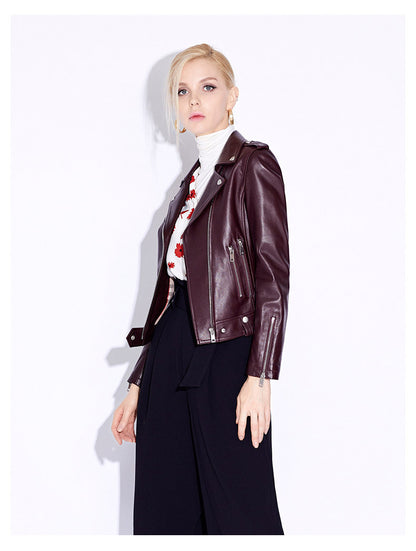 Slim fit women genuine leather biker jacket